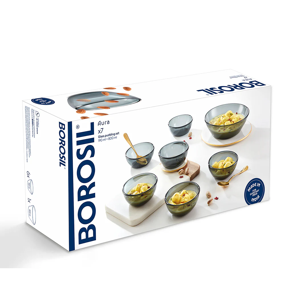 Borosil Aura Glass Small Pudding Set, Grey, 7 pc - Image 7