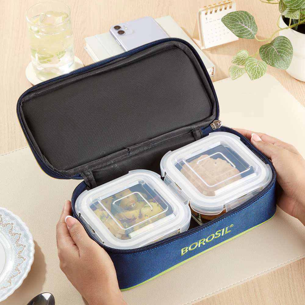 Borosil Blue Flat Lunch Bag, Square, For Set of 2, (320ml) (Only Bag) - Image 6