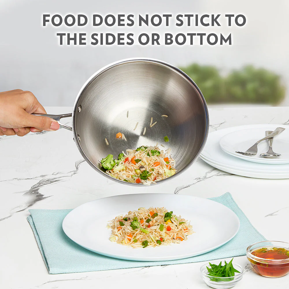 Cookfresh Stainless Steel Triply Wok with Lid - Image 7