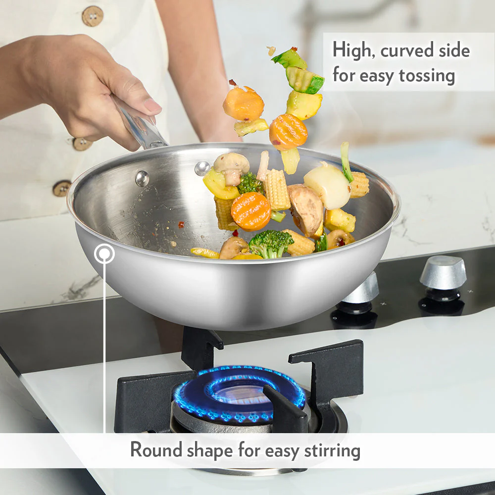 Cookfresh Stainless Steel Triply Wok with Lid - Image 4