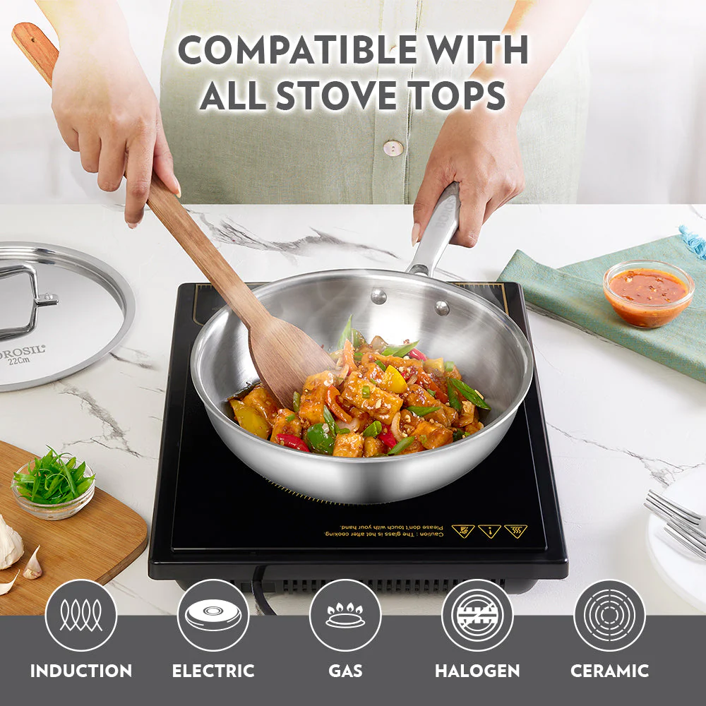 Cookfresh Stainless Steel Triply Wok with Lid - Image 5