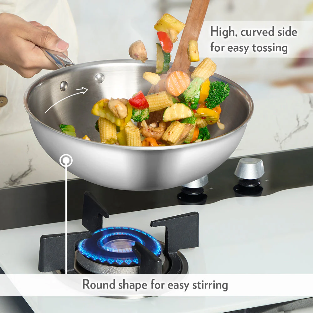 Cookfresh Stainless Steel Triply Wok with Lid - Image 4