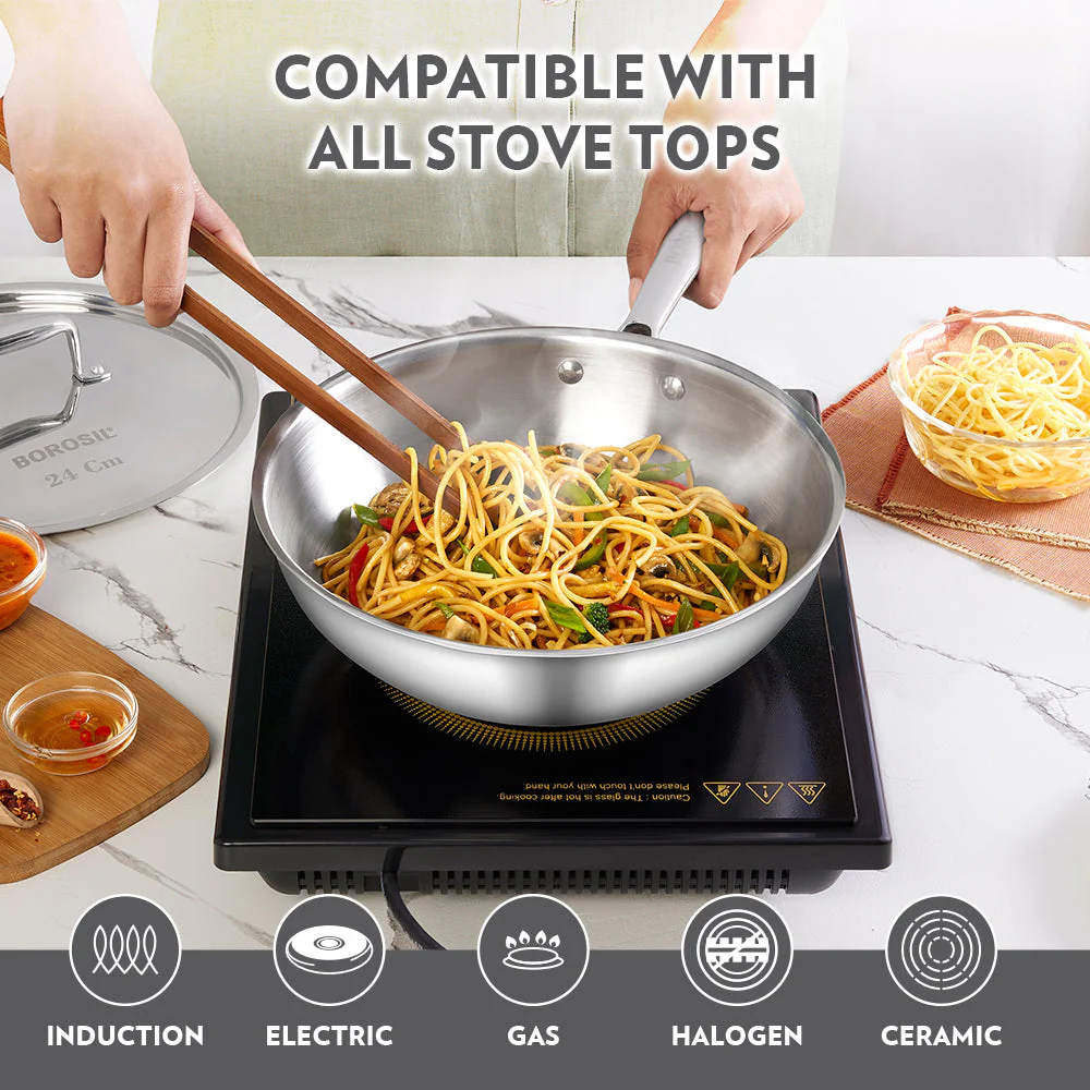 Cookfresh Stainless Steel Triply Wok with Lid - Image 5