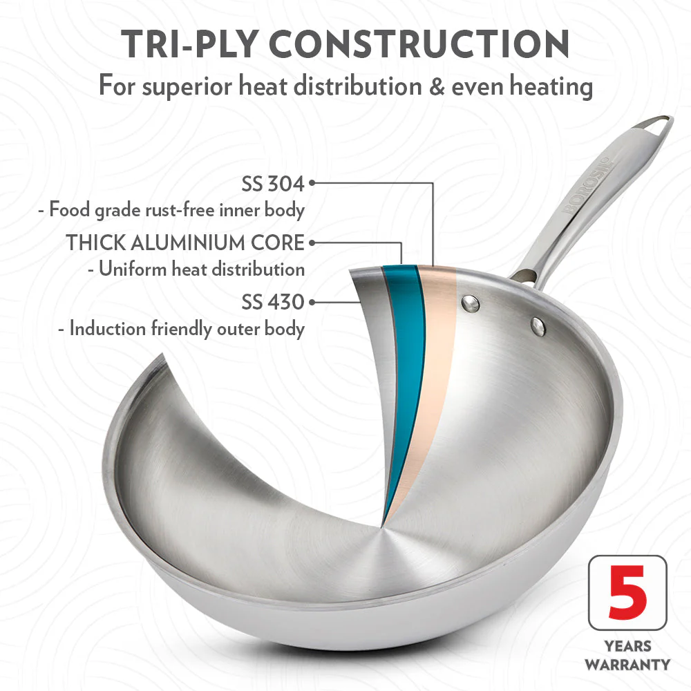 Cookfresh Stainless Steel Triply Wok with Lid - Image 3