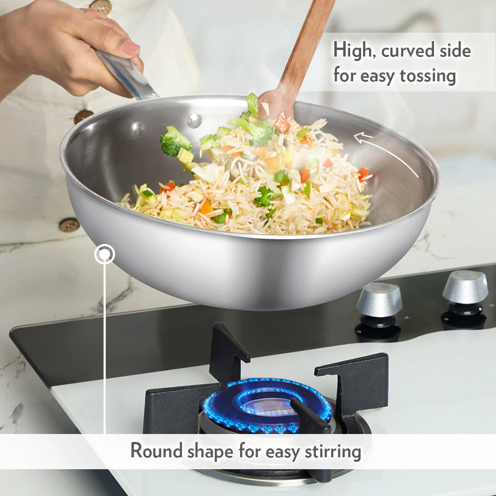 Cookfresh Stainless Steel Triply Wok with Lid - Image 4