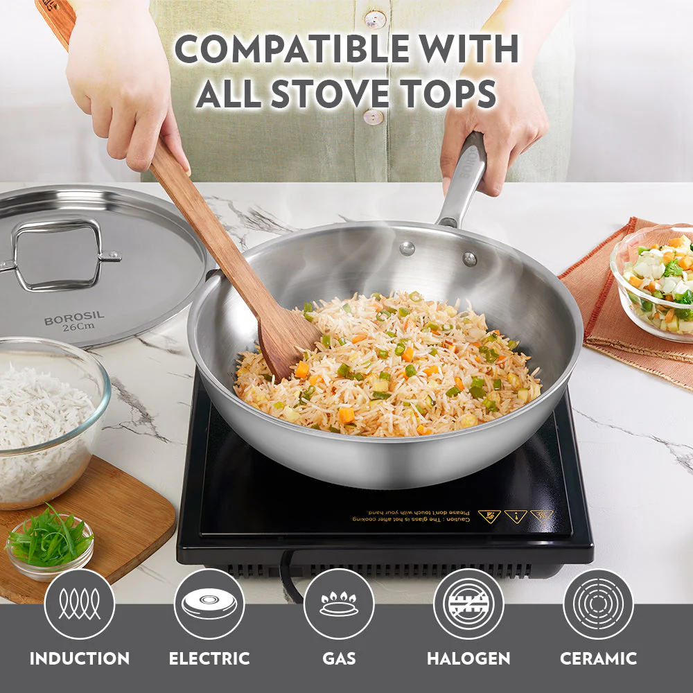 Cookfresh Stainless Steel Triply Wok with Lid - Image 5