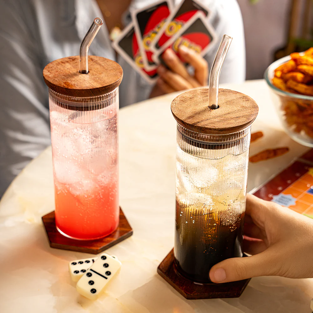 Borosil Fluted Punch Glasses w Wooden Lid and Glass Straw - Image 2