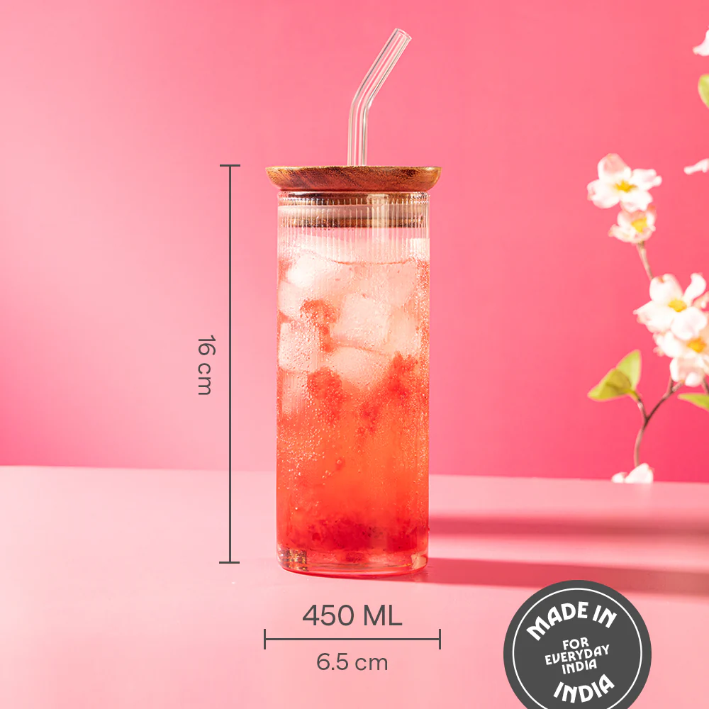 Borosil Fluted Punch Glasses w Wooden Lid and Glass Straw - Image 3