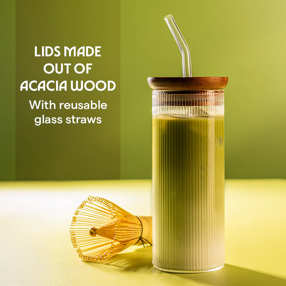 Borosil Fluted Punch Glasses w Wooden Lid and Glass Straw - Image 5