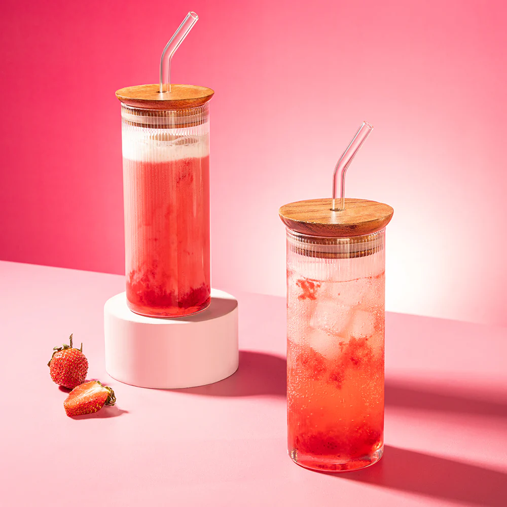 Borosil Fluted Punch Glasses w Wooden Lid and Glass Straw - Image 9