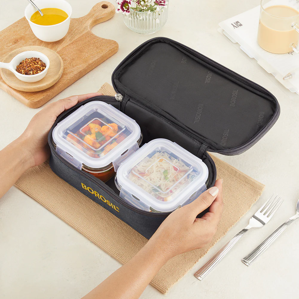 Borosil Foodluck Olive Flat Lunch Bag, Square, For Set of 2, (320ml) (Only Bag) - Image 6