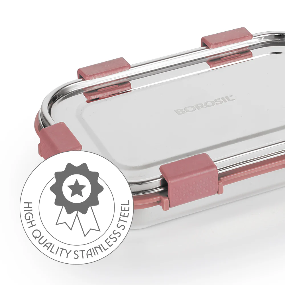 Slim Rectangular Stainless Steel Lunch Box, Pink - Image 2