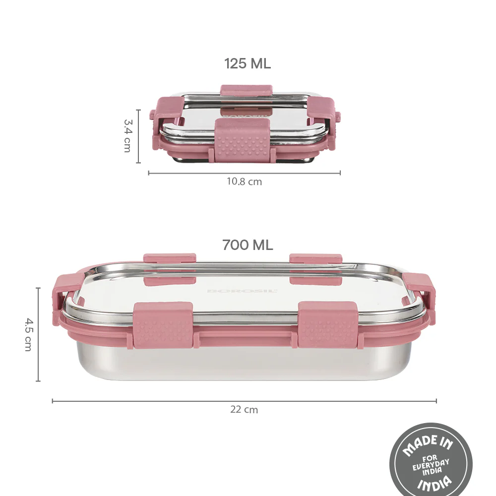 Slim Rectangular Stainless Steel Lunch Box, Pink - Image 3
