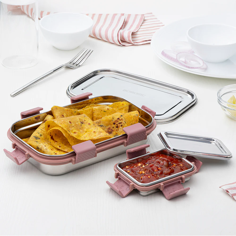 Slim Rectangular Stainless Steel Lunch Box, Pink - Image 5