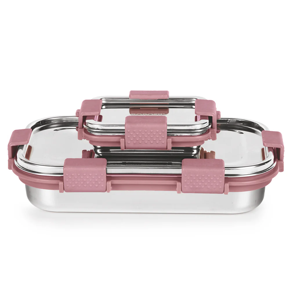Slim Rectangular Stainless Steel Lunch Box, Pink - Image 6
