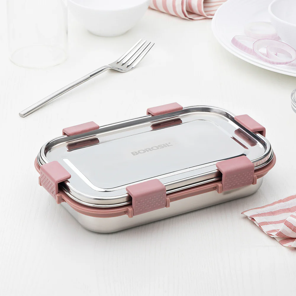 Slim Rectangular Stainless Steel Lunch Box, Pink - Image 7