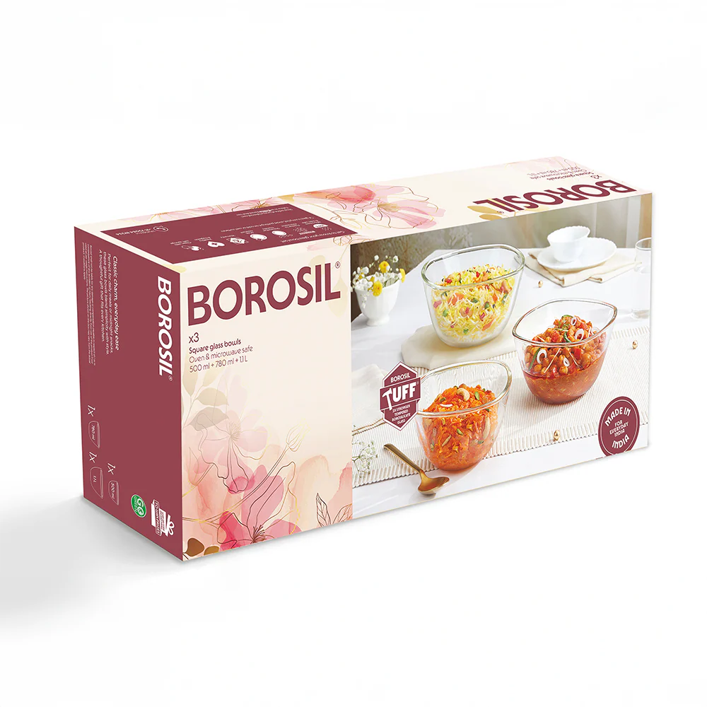 Borosil Tuff-Glass Square Mixing & Serving Bowl Set - Image 4