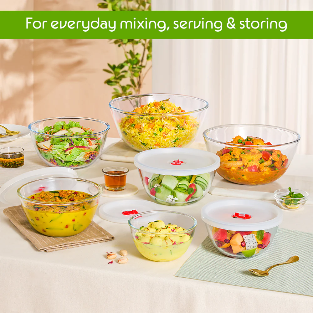 Borosil Tuff-Glass Mixing & Serving Bowl Set with Lid - Image 4