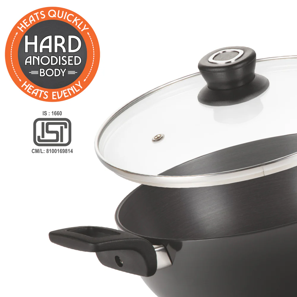 Hard Anodized Induction Base Deep Kadhai with Glass Lid - Image 2