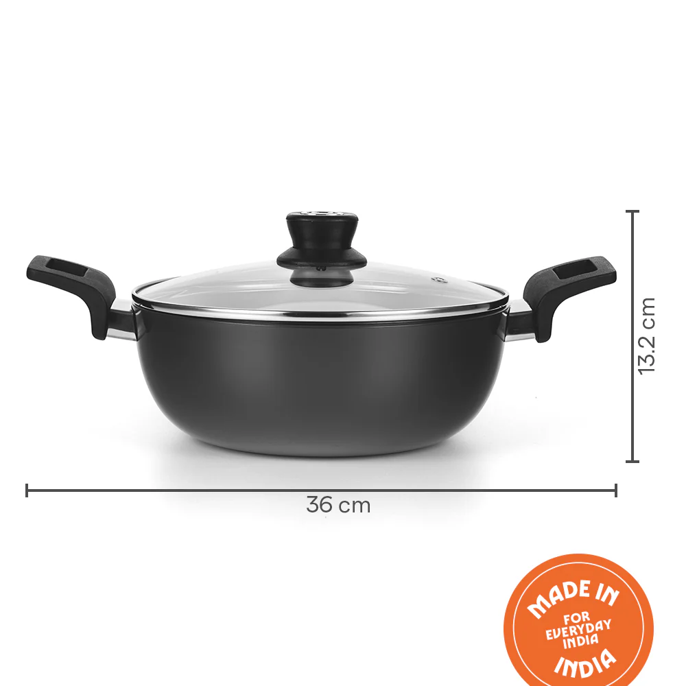 Hard Anodized Induction Base Deep Kadhai with Glass Lid - Image 3