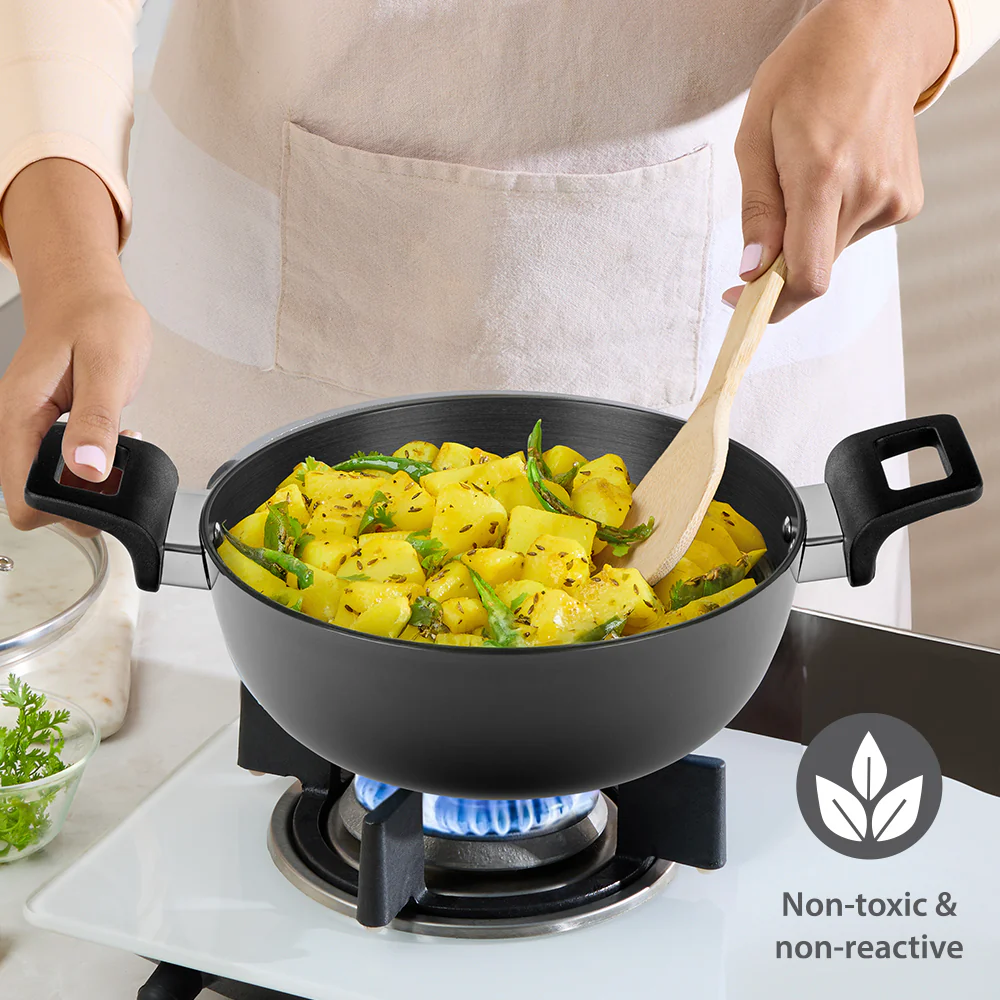 Hard Anodized Induction Base Deep Kadhai with Glass Lid - Image 6