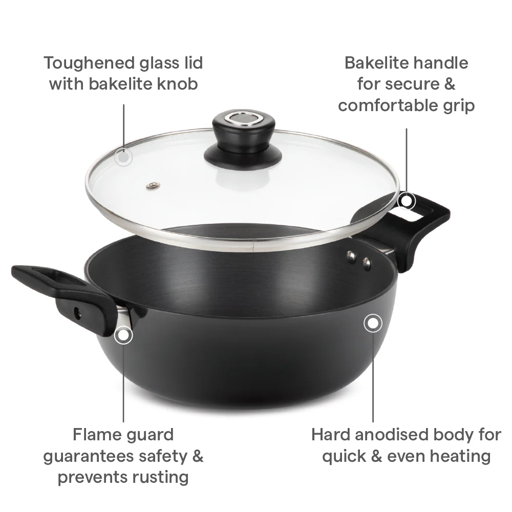 Hard Anodized Induction Base Deep Kadhai with Glass Lid - Image 7