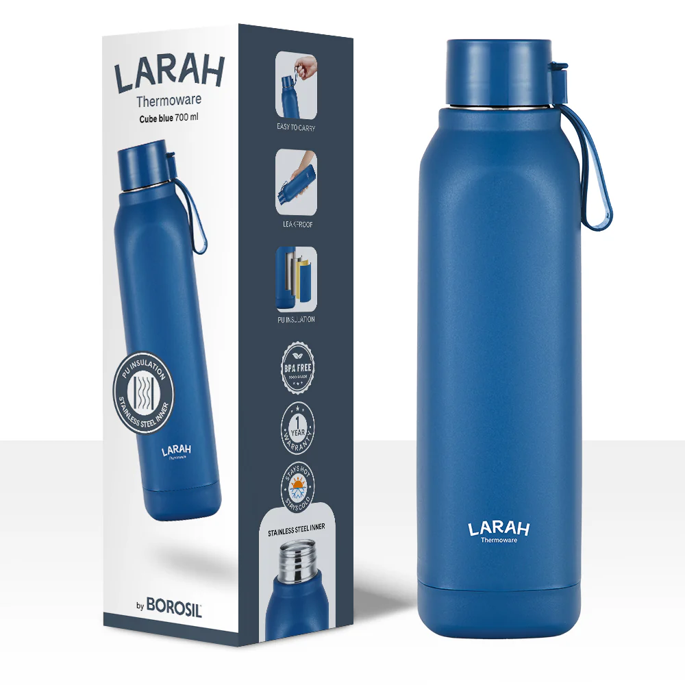 Larah Cube Square PU Thermoware Bottle, Blue - Image 6
