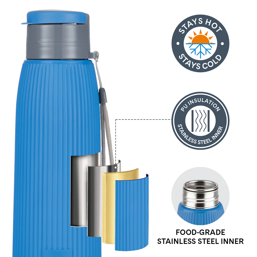 Larah Lava Fluted PU Thermoware Bottle, Blue - Image 2