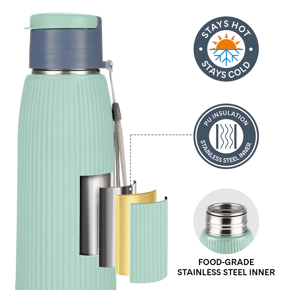 Larah Lava Fluted PU Thermoware Bottle, Green - Image 2