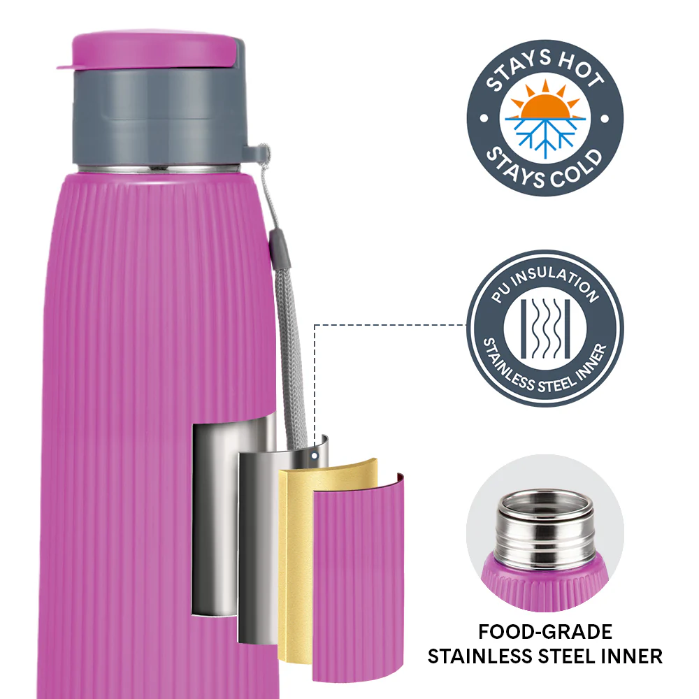 Larah Lava Fluted PU Thermoware Bottle, Purple - Image 2