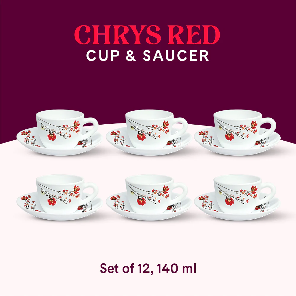 Larah Chrys Red Cup n Saucer Set, 140ml x 12 - Image 9